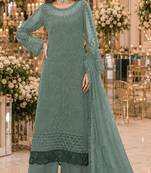 Sea green chiffon suit with thread embroidery & sequin work