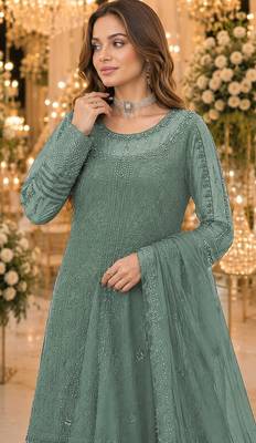 Sea green chiffon suit with thread embroidery & sequin work 2