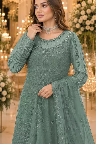 Sea green chiffon suit with thread embroidery & sequin work