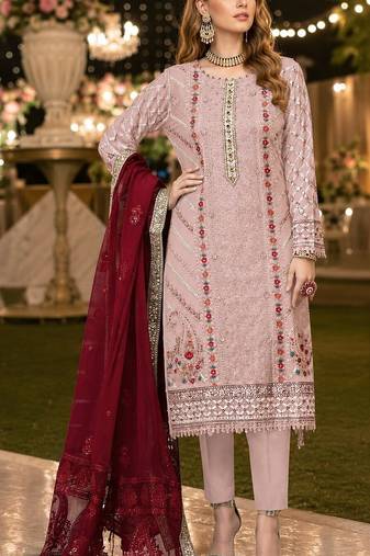 Pink chiffon suit with thread embroidery & sequin work