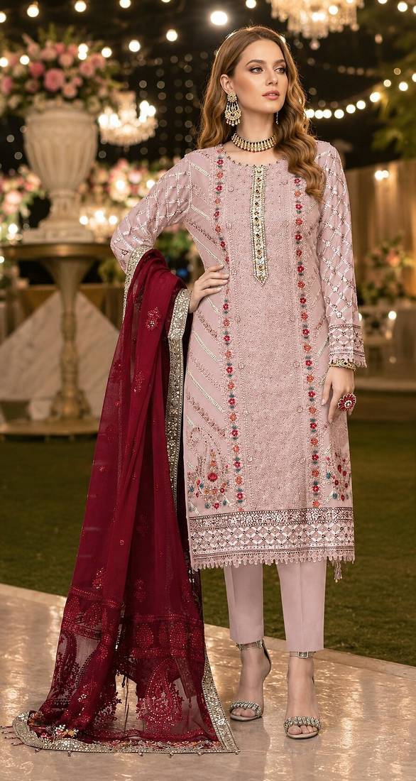 Pink chiffon suit with thread embroidery & sequin work