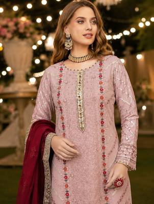 Pink chiffon suit with thread embroidery & sequin work 2