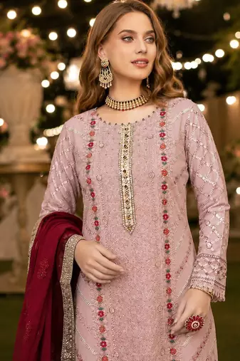 Pink chiffon suit with thread embroidery & sequin work