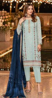 Blue chiffon suit with thread embroidery & sequin work 1