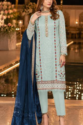 Blue chiffon suit with thread embroidery & sequin work