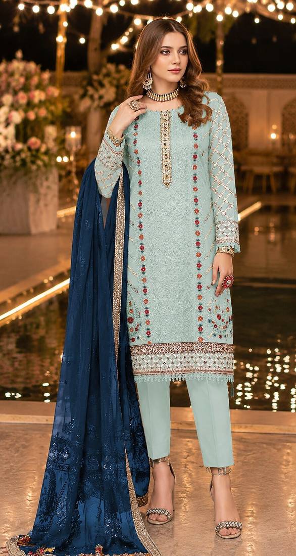 Blue chiffon suit with thread embroidery & sequin work