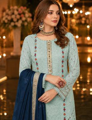 Blue chiffon suit with thread embroidery & sequin work 2