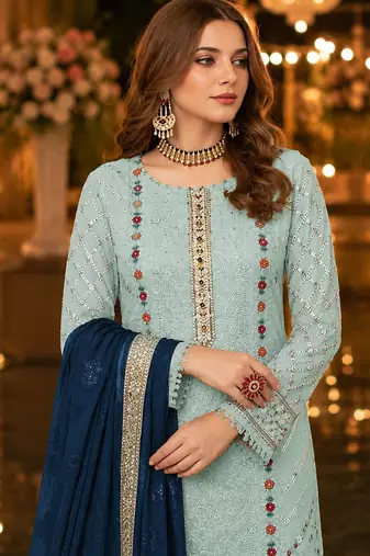 Blue chiffon suit with thread embroidery & sequin work