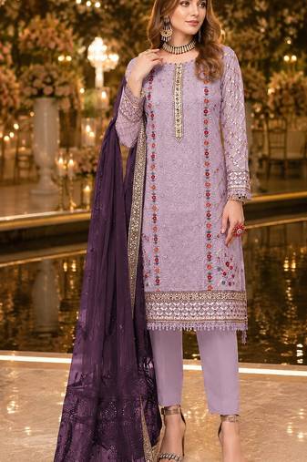Lavender chiffon suit with thread embroidery & sequin work