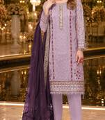 Lavender chiffon suit with thread embroidery & sequin work
