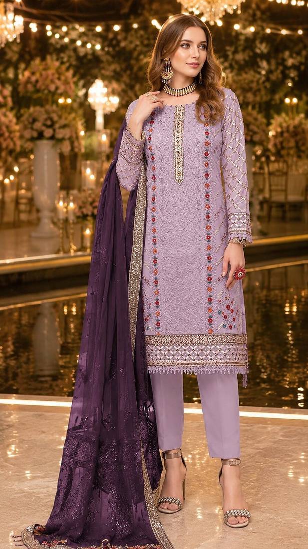 Lavender chiffon suit with thread embroidery & sequin work