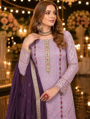 Lavender chiffon suit with thread embroidery & sequin work 2