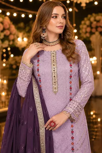 Lavender chiffon suit with thread embroidery & sequin work
