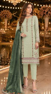 Green chiffon suit with thread embroidery & sequin work 1