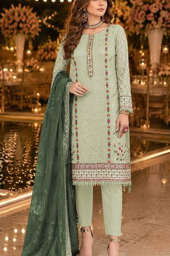 Green chiffon suit with thread embroidery & sequin work