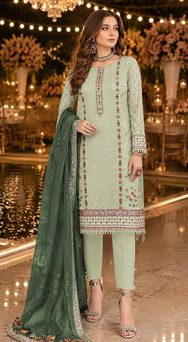 Green chiffon suit with thread embroidery & sequin work