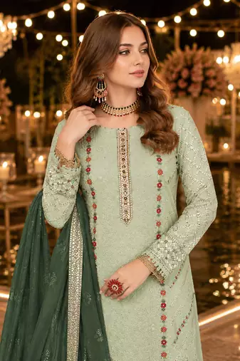 Green chiffon suit with thread embroidery & sequin work