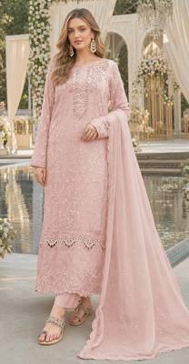 Pink chiffon suit with thread embroidery & sequin work 1