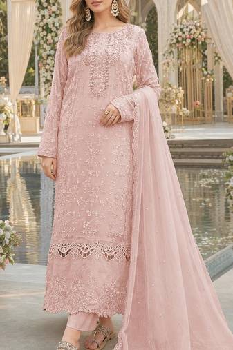 Pink chiffon suit with thread embroidery & sequin work
