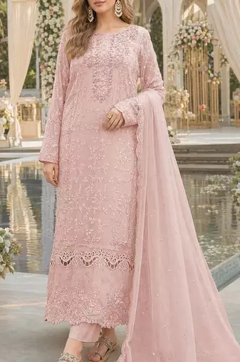 Pink chiffon suit with thread embroidery & sequin work