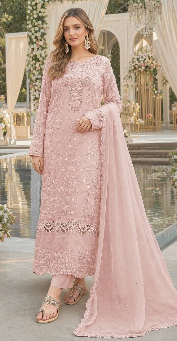 Pink chiffon suit with thread embroidery & sequin work