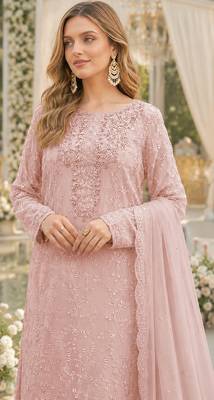 Pink chiffon suit with thread embroidery & sequin work 2