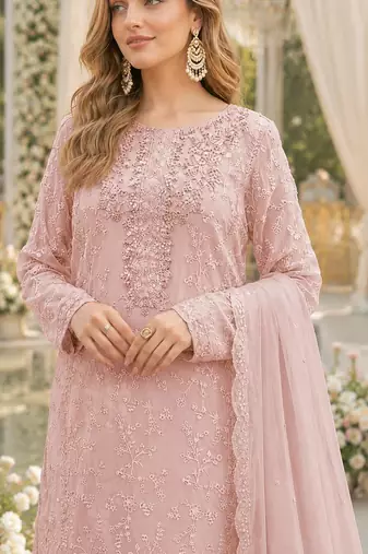 Pink chiffon suit with thread embroidery & sequin work