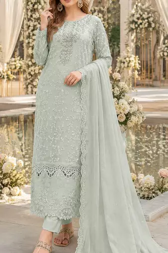 Sea green chiffon suit with thread embroidery & sequin work