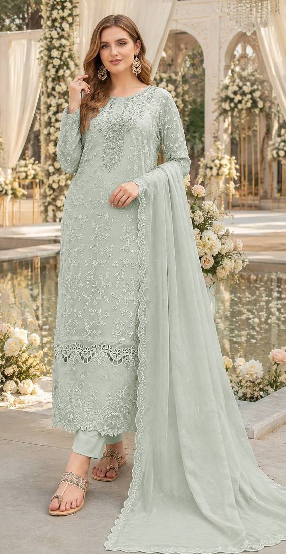 Sea green chiffon suit with thread embroidery & sequin work