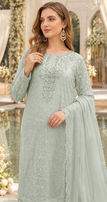 Sea green chiffon suit with thread embroidery & sequin work 2