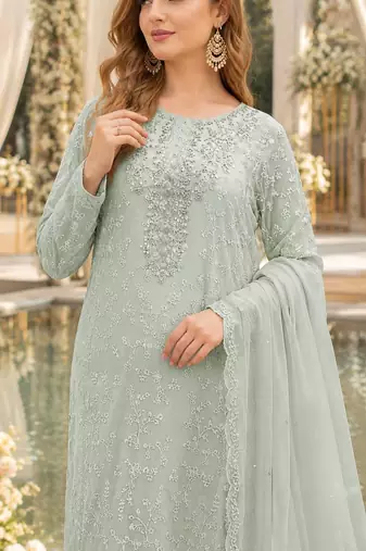 Sea green chiffon suit with thread embroidery & sequin work