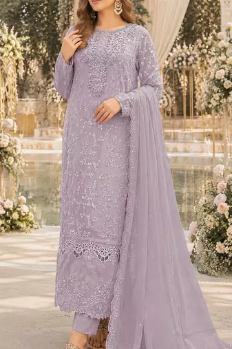 Lavender chiffon suit with thread embroidery & sequin work