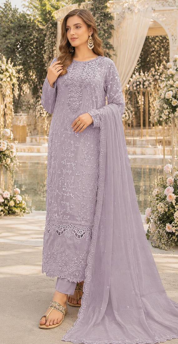 Lavender chiffon suit with thread embroidery & sequin work