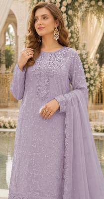 Lavender chiffon suit with thread embroidery & sequin work 2