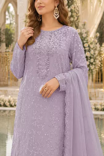 Lavender chiffon suit with thread embroidery & sequin work