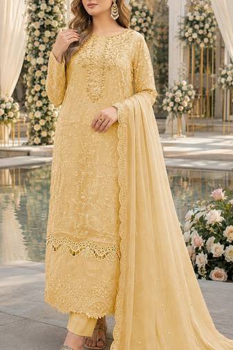 Yellow chiffon suit with thread embroidery & sequin work