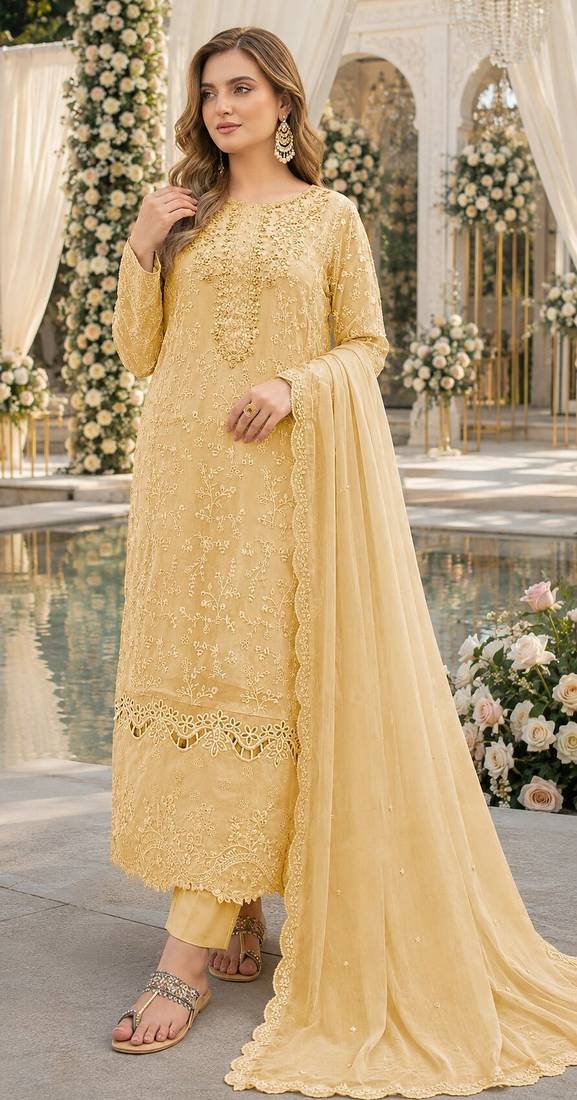 Yellow chiffon suit with thread embroidery & sequin work