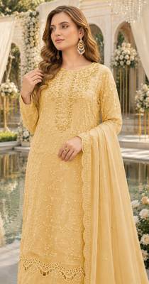 Yellow chiffon suit with thread embroidery & sequin work 2