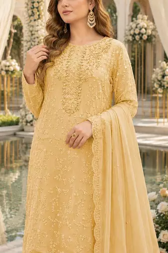 Yellow chiffon suit with thread embroidery & sequin work