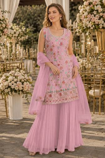 Pink georgette suit with embroidered multi work