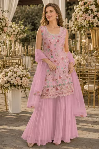 Pink georgette suit with embroidered multi work
