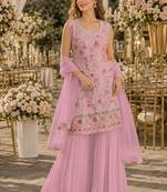 Pink georgette suit with embroidered multi work