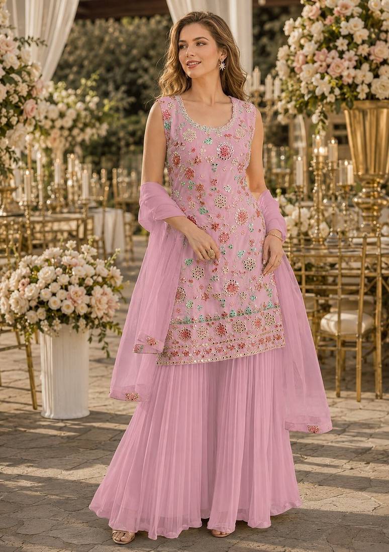 Pink georgette suit with embroidered multi work