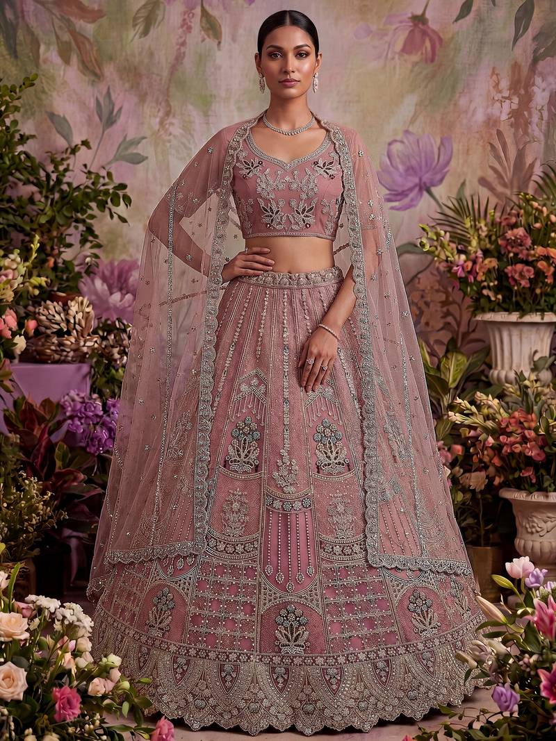 Gorgeous Pink Dori Embroidery Net Engagement Wear Lehenga With Blouse