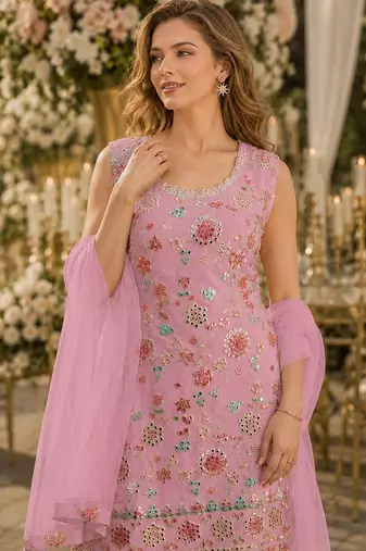 Pink georgette suit with embroidered multi work