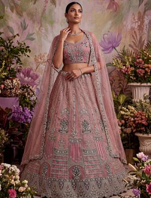 Gorgeous Pink Dori Embroidery Net Engagement Wear Lehenga With Blouse 2