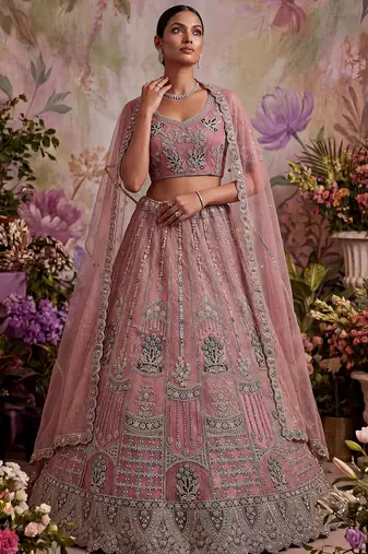 Gorgeous Pink Dori Embroidery Net Engagement Wear Lehenga With Blouse