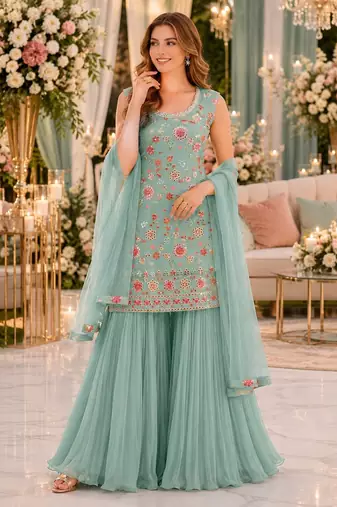 Sky blue georgette suit with embroidered multi work
