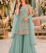 Sky blue georgette suit with embroidered multi work
