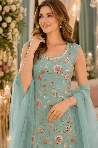 Sky blue georgette suit with embroidered multi work